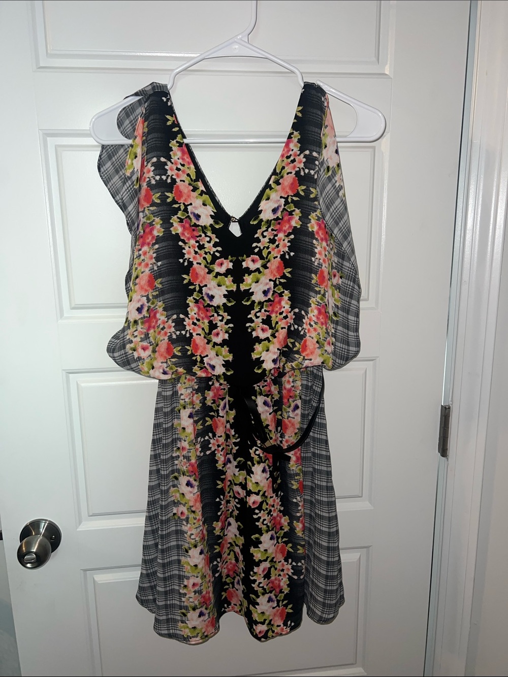 Candie's Black Floral V-Neck Midi Dress with Pink and Cream Accents